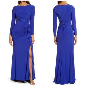 NWT Vince Camuto Drape Front Long Sleeve Jersey Gown in Cobalt Blue Sz 8